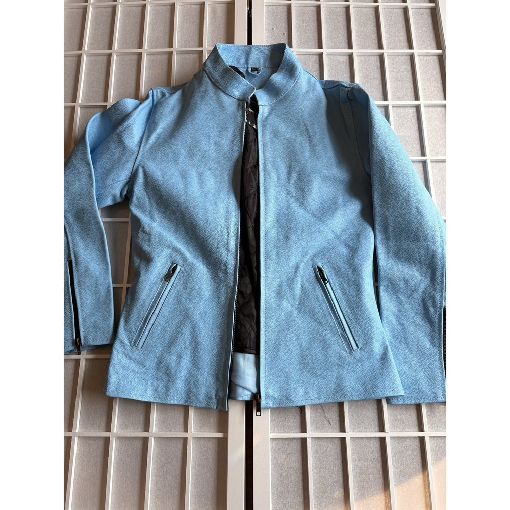 Vtg Y2K Electric Blue Spring Moto‎ Leather Biker Coat Motorcycle Jacket Women L